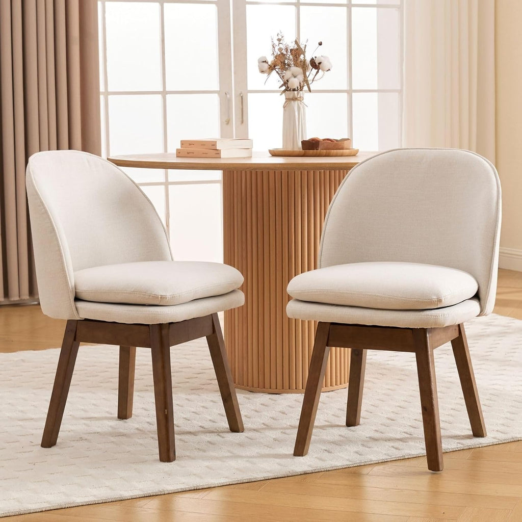 ROCITY Swivel Dining Chairs Set of 2, Beige Linen Kitchen Chairs with Solid Wood Legs, Mid Century Modern Upholstered Dining Room Chair Armless Accent Chair for Kitchen/Restaurant