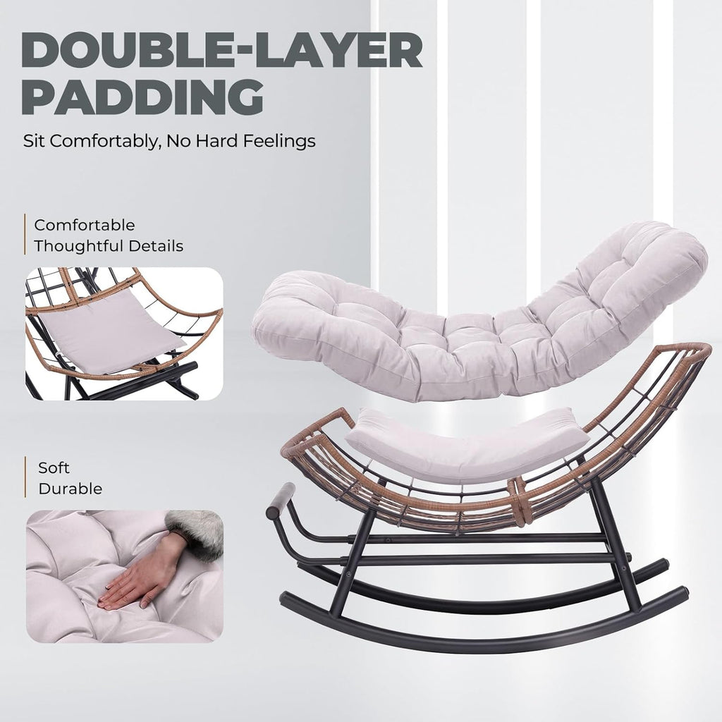 COMHOMA Outdoor Rocking Papasan Chair, Oversized Wicker Patio Rocker, Indoor Comfy Wicker Reading Lounge, Bed-Like Comfort Egg Chair for Bedroom,Balcony, Porch, Garden, Beige