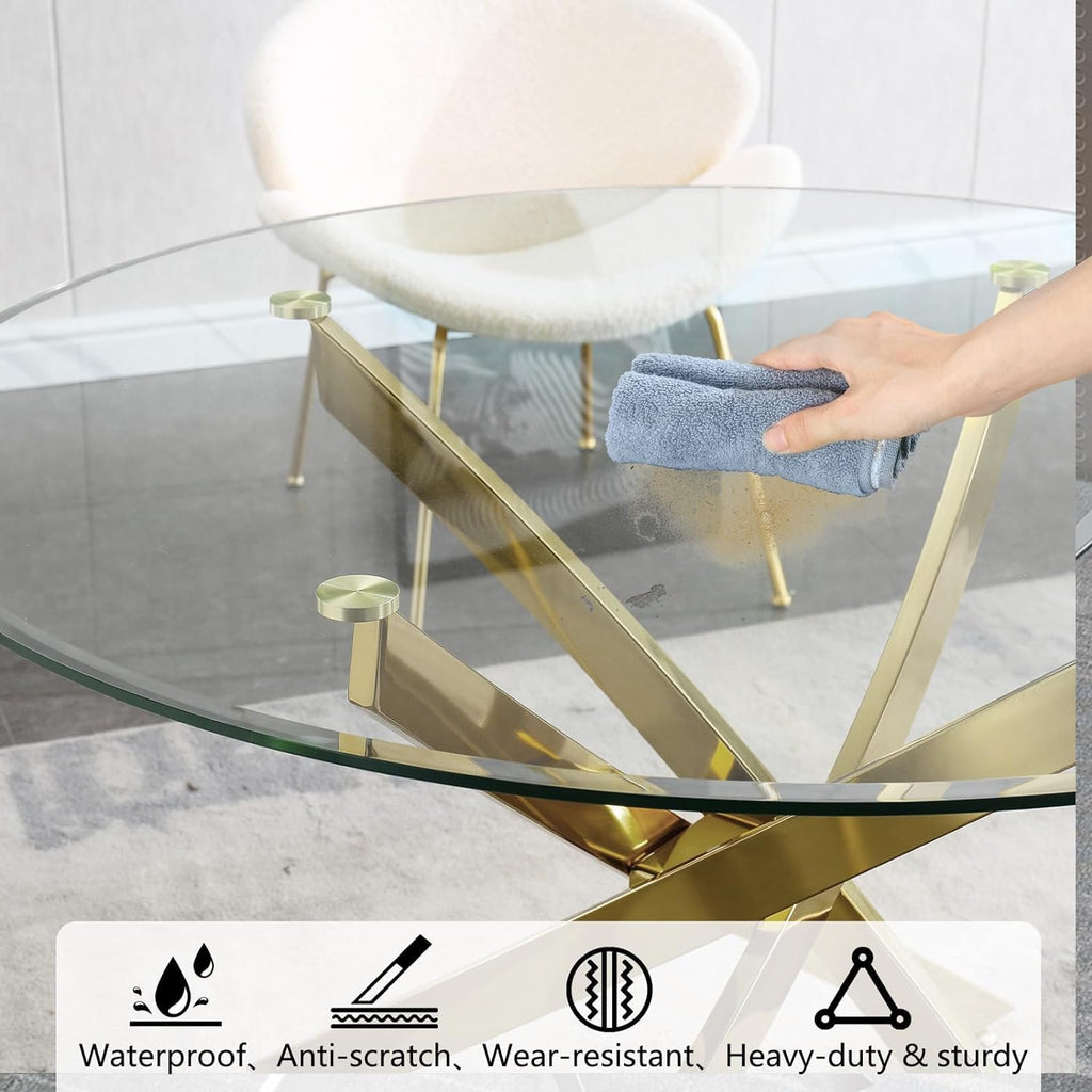 Round Glass Dining Table Set,36'' Glass Kitchen Dining Table Set for 2 4,5-Piece Glass Dinner Table Set with Golden Metal Legs and Velvet Chair Set for Kitchen (Green Chairs3, 36'' Table + 4 Chairs)