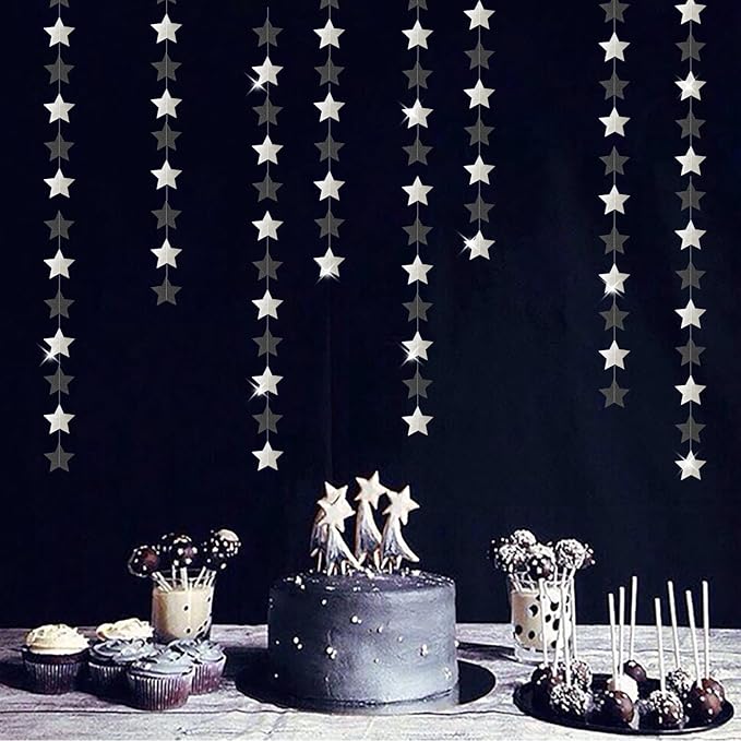 Black-Silver Birthday Graduation Party-Decorations Garland - 62ft Glitter Twinkle Little Star Hanging Streamers Banner Decor,Bachelorette Wedding Baby Bridal Shower New Years Supplies Backdrop Hugtmr