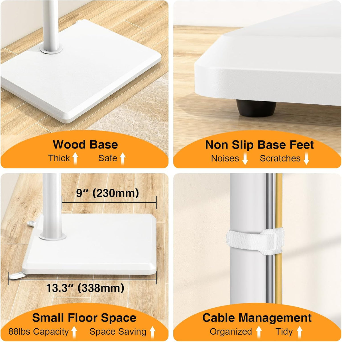 TVON Universal Floor TV Stand with Mount for Most 32-65 Inch TV up to 88lbs | Height Adjustable TV Floor Stand with Wood Base for Space Saving (WHITE, Wooden Base)