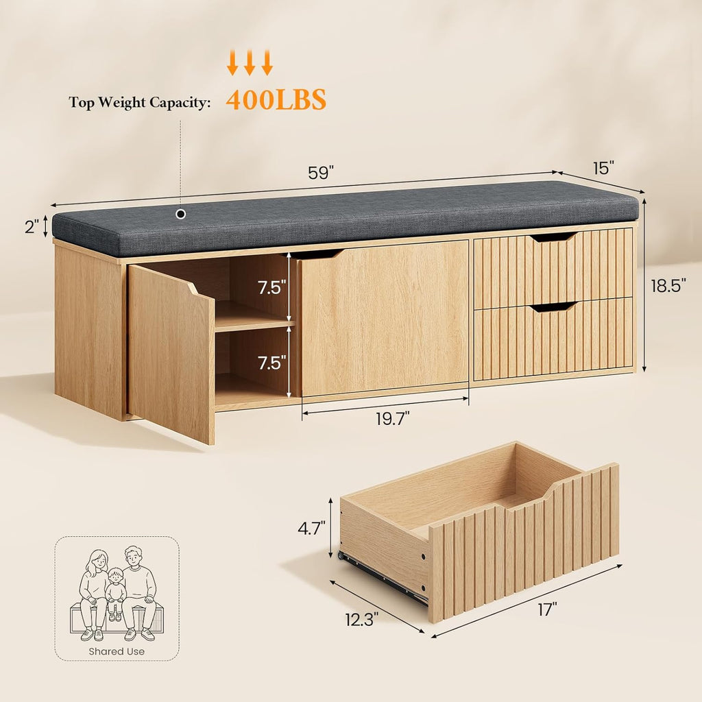 59" Storage Bench with Drawer, 2-Tier Shoe Bench with Doors, Long Entryway Bench, Thickened Cushion, Adjustable Shelf, Fluted Design for Entryway, Bedroom, Living Room, Natural