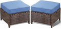 Patio Ottoman Outdoor Wicker Side Table - 2PCS Multipurpose Heavy Duty All-Weather Brown Rattan Extra Seating Bench Footrest Footstool for Garden Back Porch Poolside Apartment - Navy Blue