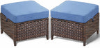 Patio Ottoman Outdoor Wicker Side Table - 2PCS Multipurpose Heavy Duty All-Weather Brown Rattan Extra Seating Bench Footrest Footstool for Garden Back Porch Poolside Apartment - Navy Blue