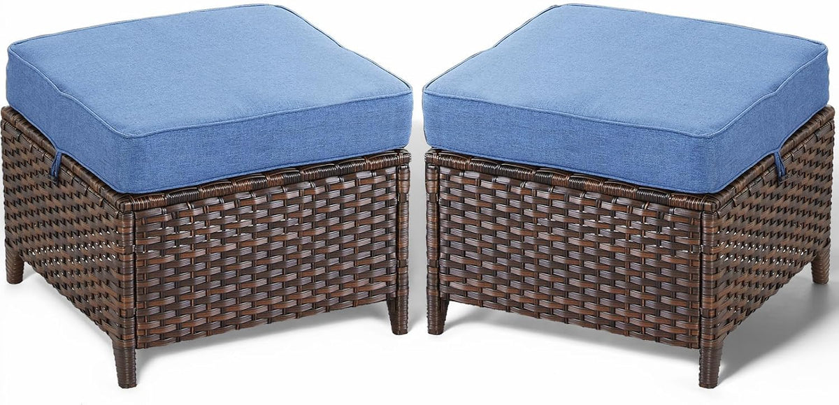 Patio Ottoman Outdoor Wicker Side Table - 2PCS Multipurpose Heavy Duty All-Weather Brown Rattan Extra Seating Bench Footrest Footstool for Garden Back Porch Poolside Apartment - Navy Blue