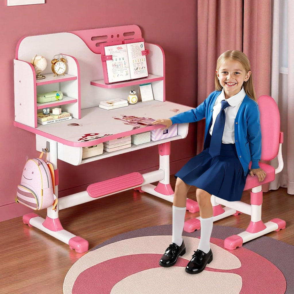 Kids Functional Desk and Chair Set, Height Adjustable Children School Study Table Chair Set with Astronaut Pattern, Ergonomic Desk Chair with Large Writing Board, Bookshelf and Drawer Pink