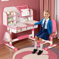 Kids Functional Desk and Chair Set, Height Adjustable Children School Study Table Chair Set with Astronaut Pattern, Ergonomic Desk Chair with Large Writing Board, Bookshelf and Drawer Pink