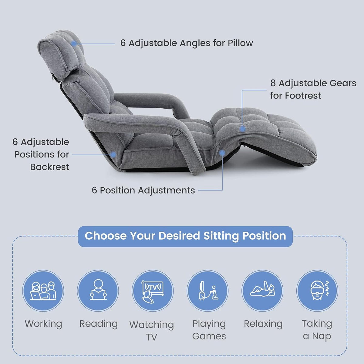 DORTALA Foldable Lazy Floor Sofa, Indoor Chaise Lounge Sofa, 6-Position Folding Padded Lounger Bed with Adjustable Armrest, Backrest and Footrest for Living Room, Bedroom, Office, Gray