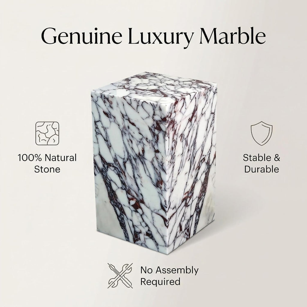Natural Calacatta Viola Marble Side Table, 11.8" Square End Table for Living Room and Bedroom, Luxury Real Stone Nightstand, Heavy Duty Small Coffee Table, No Assembly Required, 19.6" Height