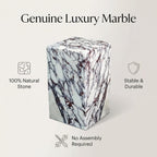 Natural Calacatta Viola Marble Side Table, 11.8" Square End Table for Living Room and Bedroom, Luxury Real Stone Nightstand, Heavy Duty Small Coffee Table, No Assembly Required, 19.6" Height