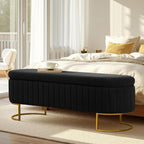 55.5" Velvet Upholstered Storage Bench with Channel Tufted Seat and Metal Legs, Multi-Functional Ottoman with Interior Organizer Pockets for Bedroom and Entryway, Flipping Lid Large Window Bench