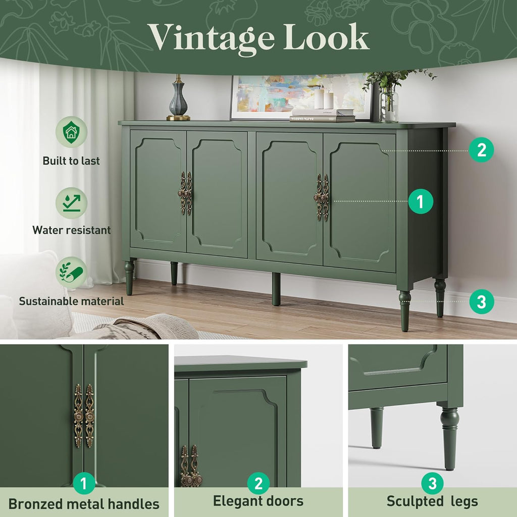 FansaFurn 58" Large Sideboard Buffet Cabinet with 4 Doors, Modern Credenza Buffet Table for Coffee Bar, Storage Cabinet for Dining Room Living Room, Green