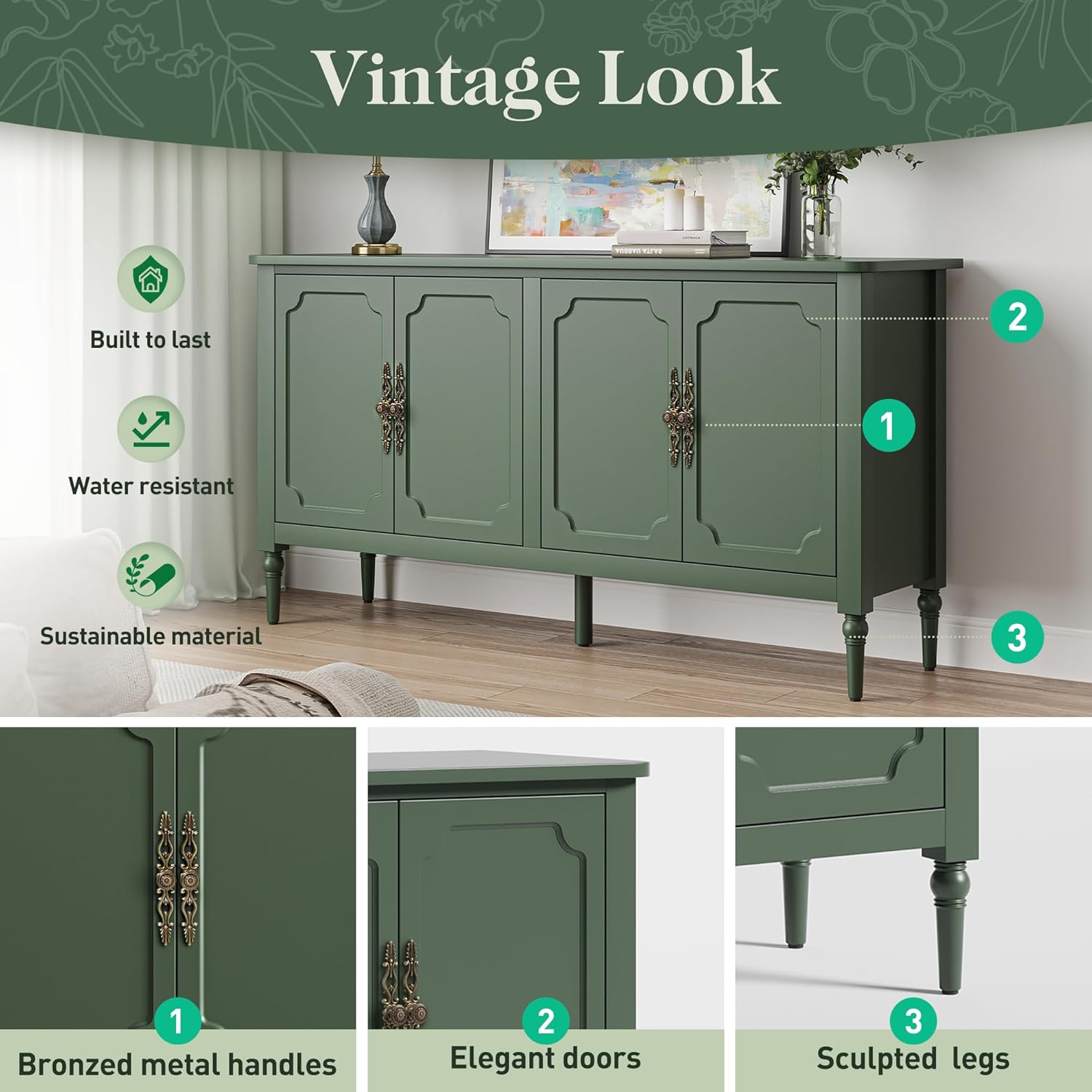 FansaFurn 58" Large Sideboard Buffet Cabinet with 4 Doors, Modern Credenza Buffet Table for Coffee Bar, Storage Cabinet for Dining Room Living Room, Green