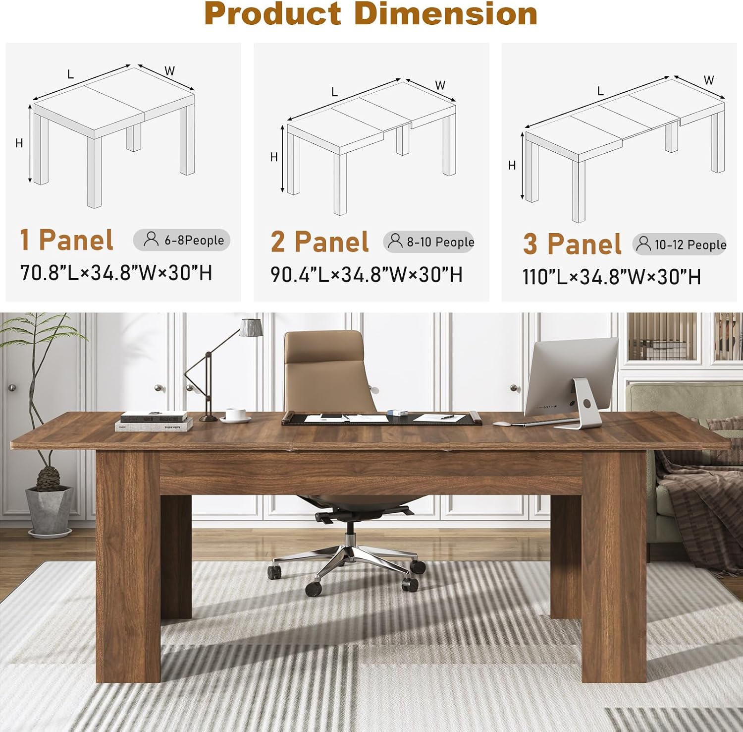 70.8"-110" Extendable Dining Table for 6-12 Person, Wooden Dining Room Table, Modern Extendable Table for Gatherings, Meeting for Small Kitchens, Dining Office Areas(Walnut)
