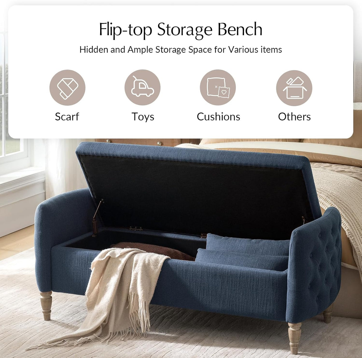 HULALA HOME Storage Bench for Bedroom with Throw Pillows, 59" Large Bedroom Ottoman Bench with Solid Wood Frame, Comfy Upholstered Footstool with Flip-top for Living Room, Entryway, Indigo