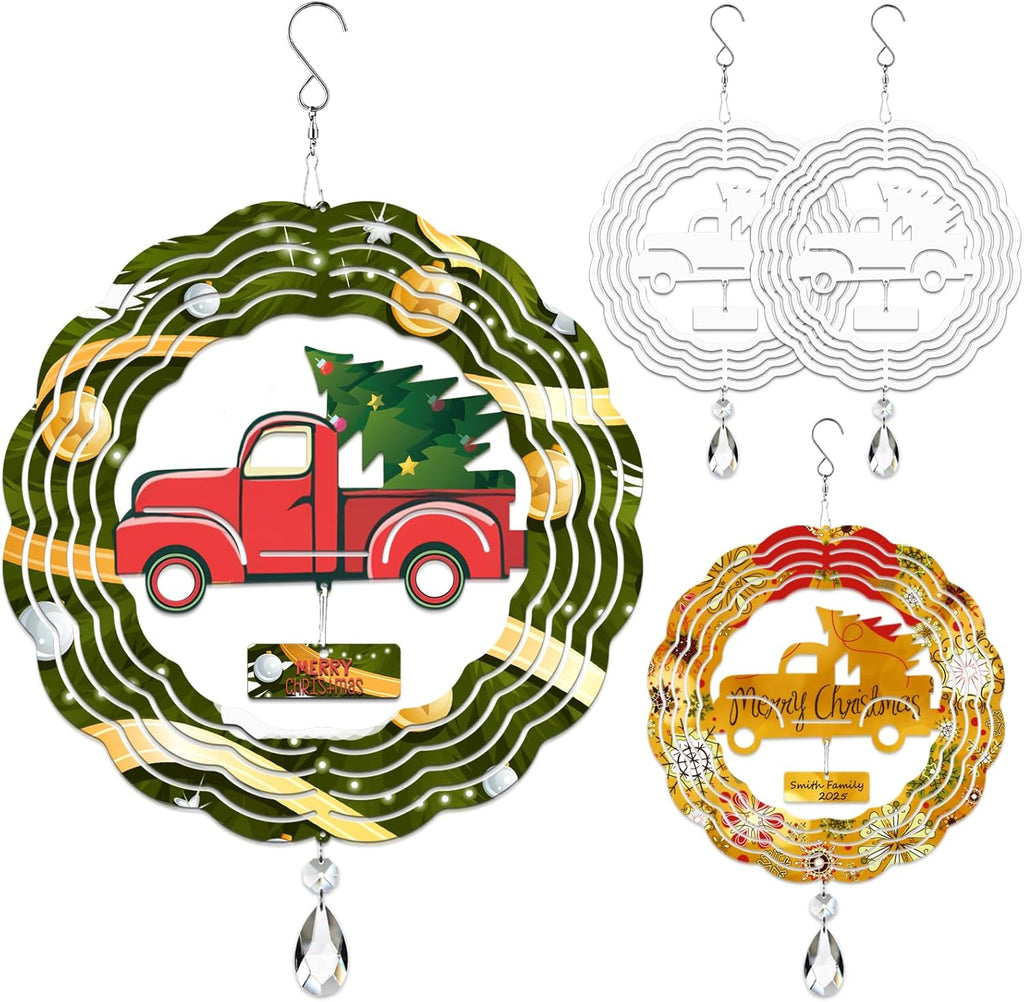 4Pack 8inch Sublimation Wind Spinner Blanks 3D Aluminum Metal Wind Sculpture Kinetic Spinners for Yard Garden Indoor Art Sublimation Christmas Ornament Hanging Decoration (Xmas Tree Truck)