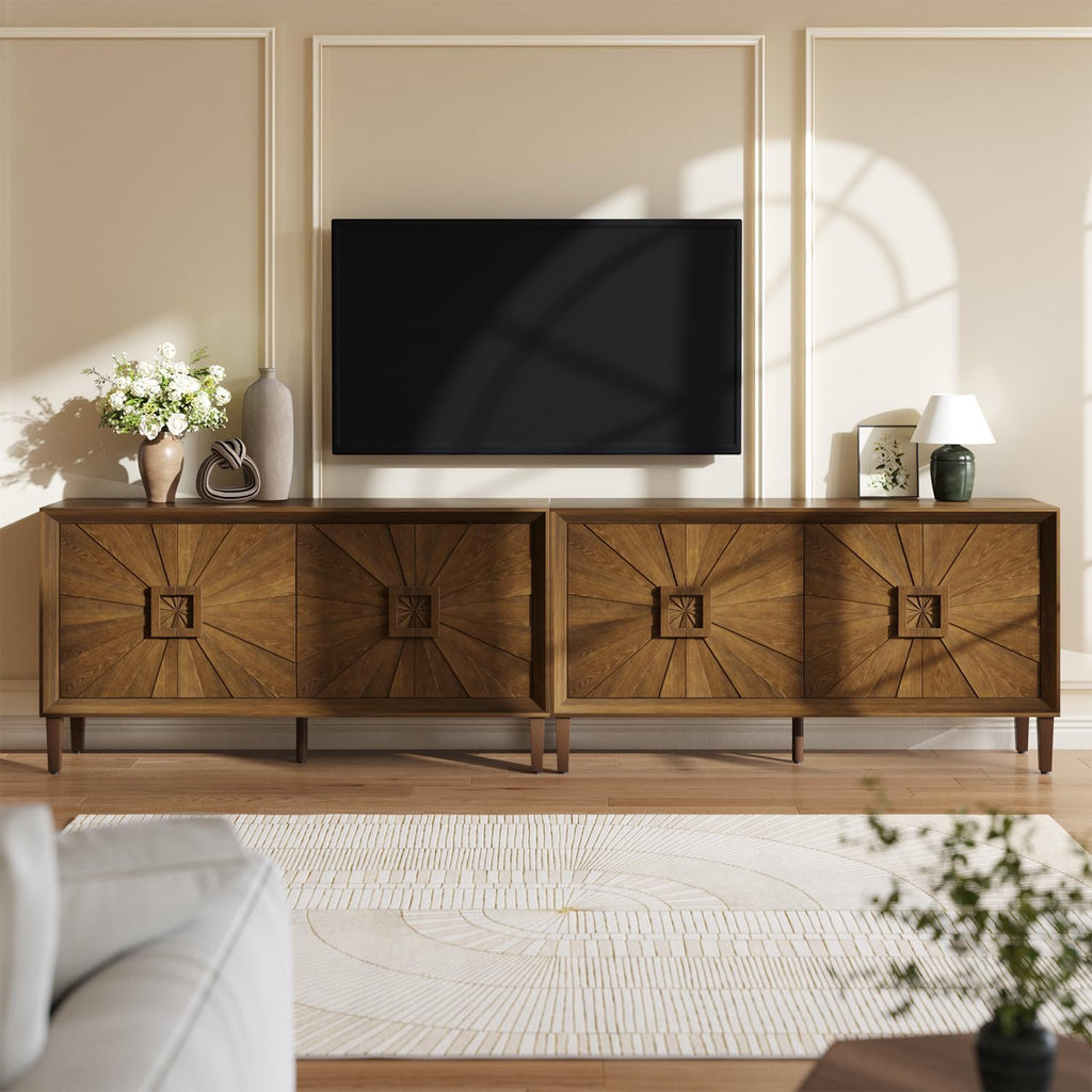 Large Buffet Sideboard Cabinet with Storage,60" Modern Cedenzas Buffet Table American Farmhouse Charm Cabinet with 4 Symmetrical Sunburst Doors for Living Room Hallway, Antique Brown