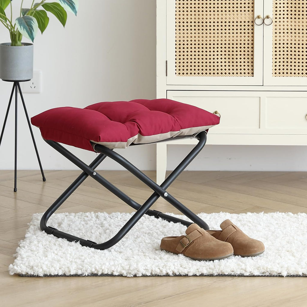 LITA Folding Footrest Stool, Portable Ottoman Foot Rest, Upholstered Small Foldable Ottoman Stool with Detachable Thick Cotton Cushion Padded Sofa Stool for Living Room, Bedroom, Burgundy