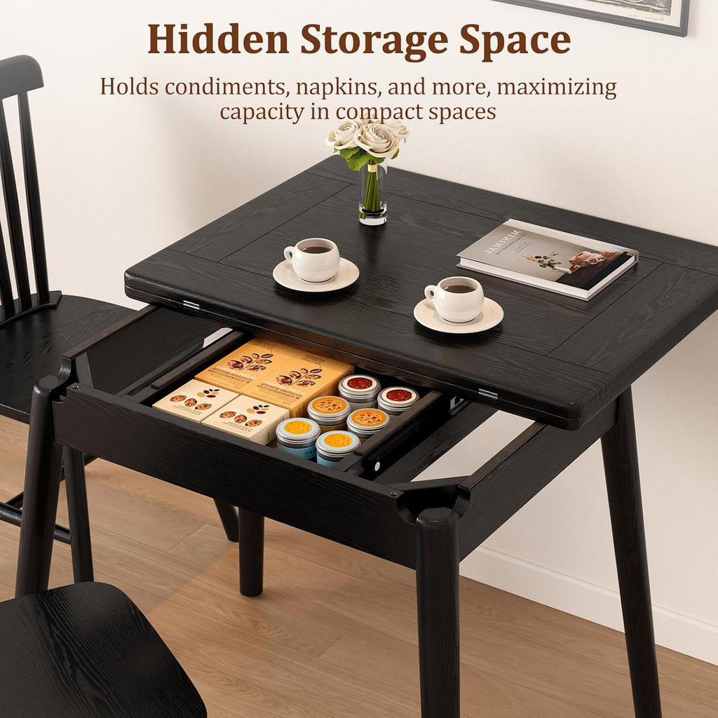 Solid Wood Small Dining Table, 23.6"L-47.2"L Expandable Kitchen Table for 2-6, Designed for Small Spaces, Easy Assembly, Suitable for Kitchen, Dining Room, Living Room, Apartment (Black)
