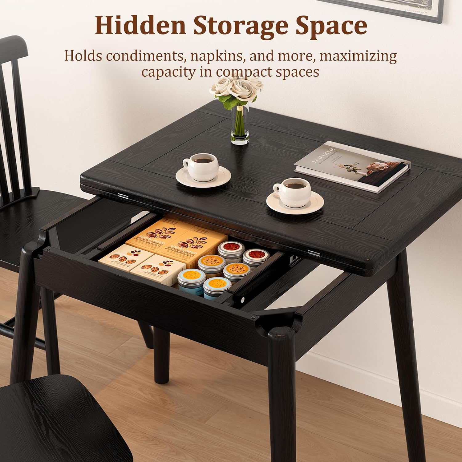 Solid Wood Small Dining Table, 23.6"L-47.2"L Expandable Kitchen Table for 2-6, Designed for Small Spaces, Easy Assembly, Suitable for Kitchen, Dining Room, Living Room, Apartment (Black)