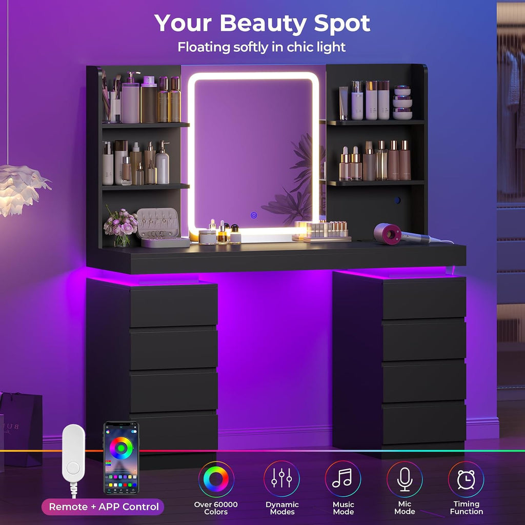 ADORNEVE Vanity Desk with Mirror & Lights, 8 Drawers Black | Built-in Charging Station, Large Makeup Vanity with RGB Lights Floating Desk, for Women Girls Bedroom