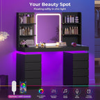 ADORNEVE Vanity Desk with Mirror & Lights, 8 Drawers Black | Built-in Charging Station, Large Makeup Vanity with RGB Lights Floating Desk, for Women Girls Bedroom