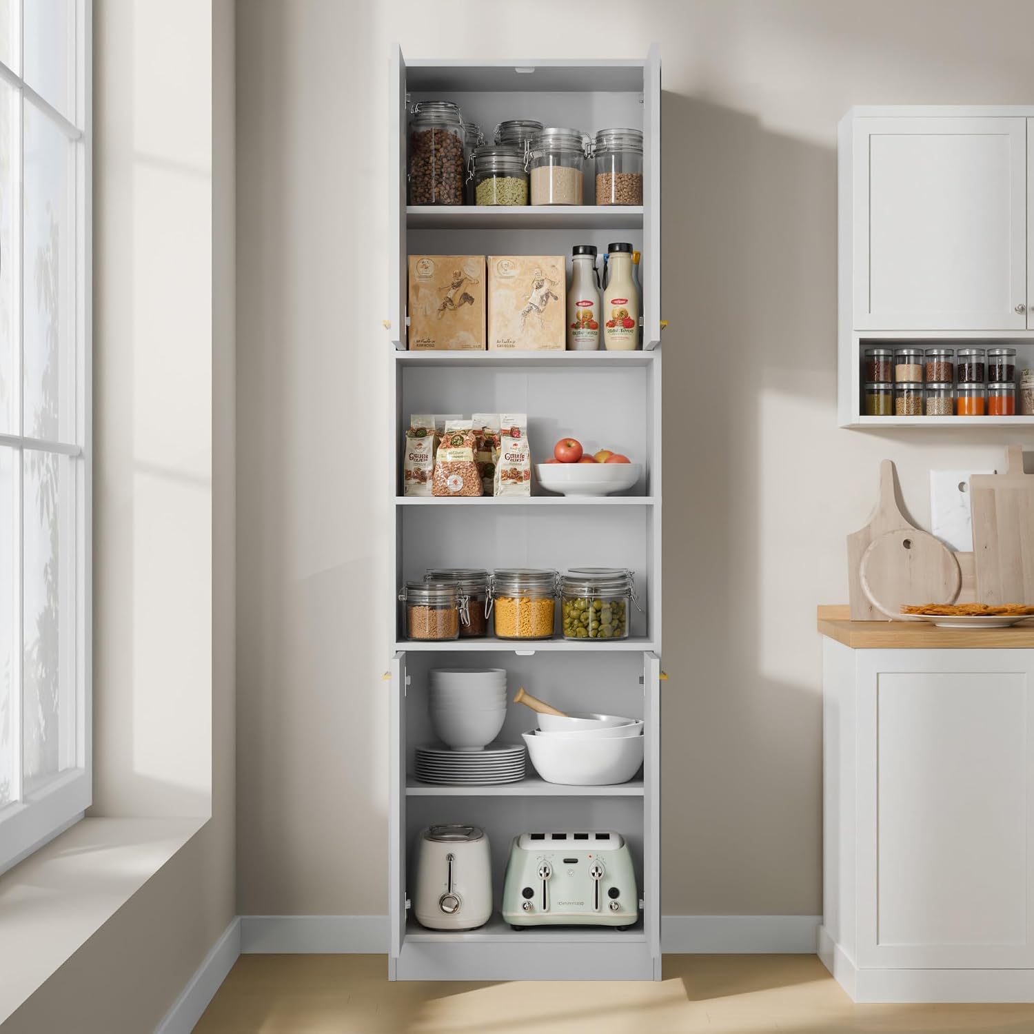 Cozy Castle Kitchen Pantry Cabinet, 75" Tall Wood Storage Cabinet with Doors and Shelves, 4 Doors Open Countertop Utility Hutch Cupboard for Dining Room Living Room Bathroom Furniture, Gray
