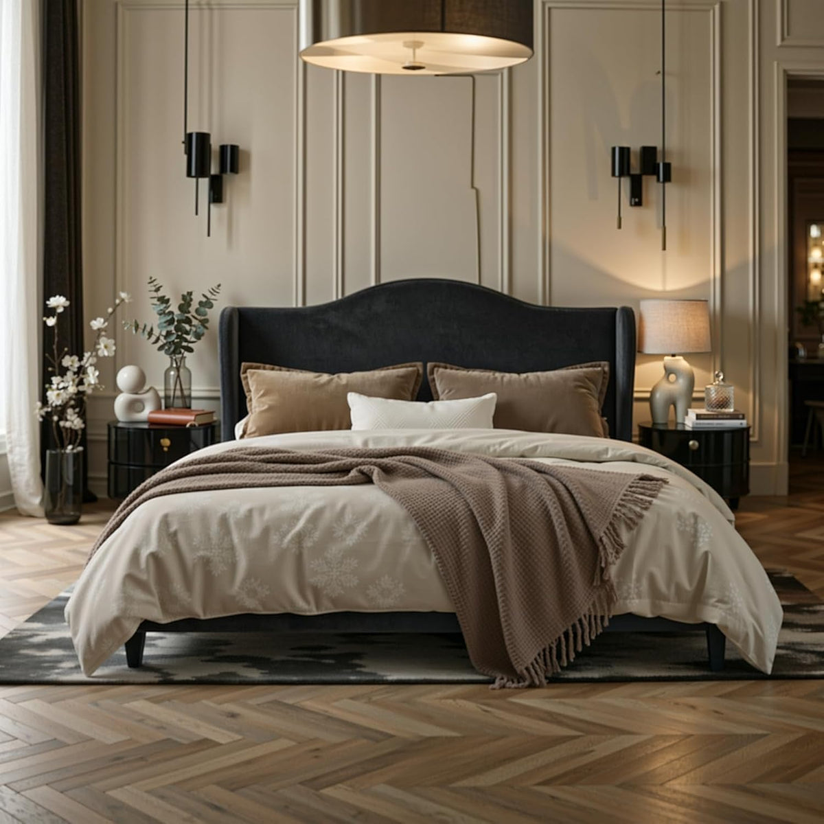 Allewie Queen Size Bed Frame, Plush Velvet Wingback, Modern Style, Black