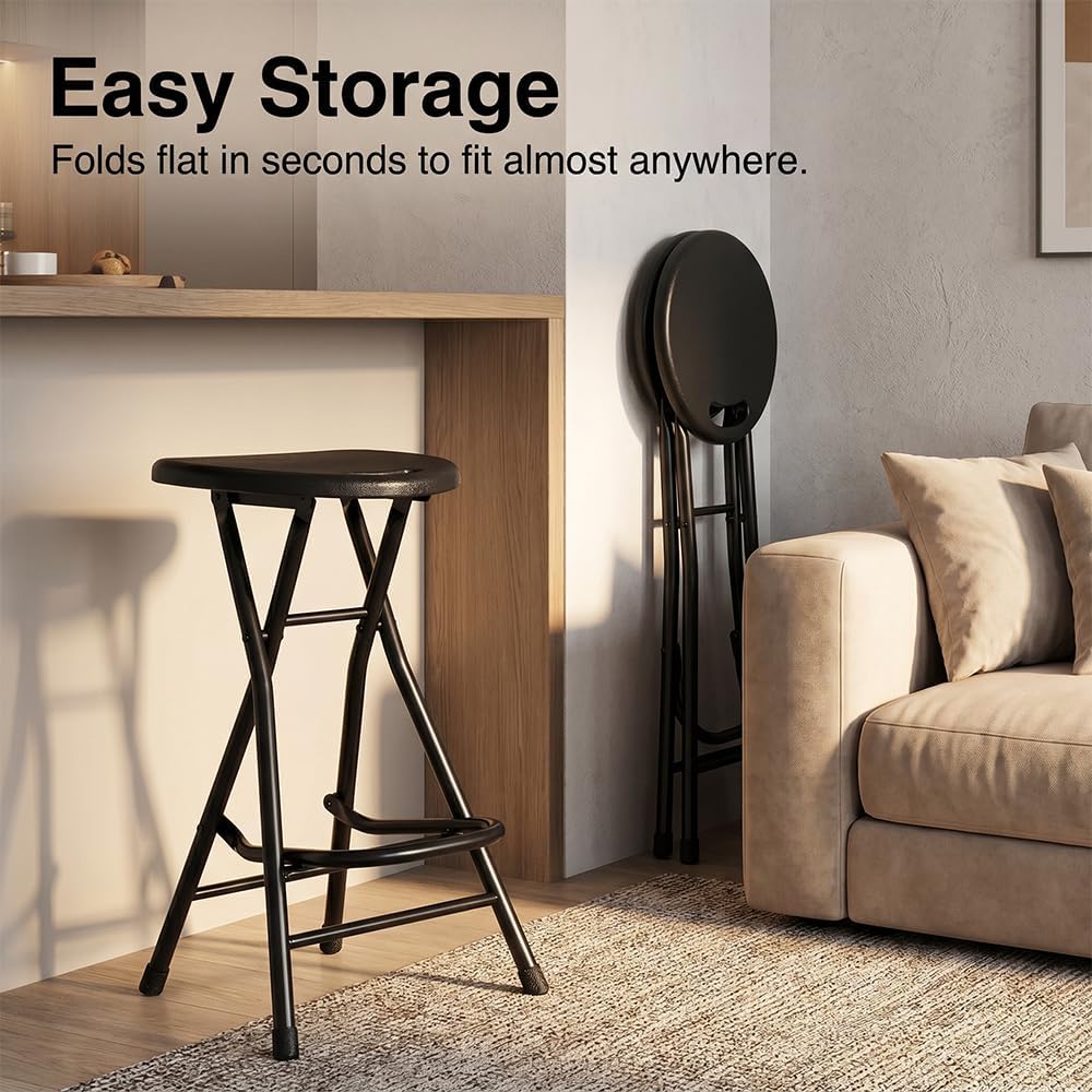 Black Adult Folding Stool with Handle and Foldable Pole Stool, 28 inch Folding Stool, Weighing 200 pounds, Foldable Heart-Shaped Folding Counter high Stool, Camping Kitchen Chair,