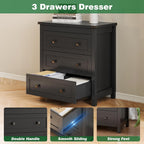 Xixini Farmhouse Nightstand with 3 Storage Drawers, 27.55" Wide Wood Bedside Table, Modern Side Table with Metal Handle, End Table for Bedroom, Black