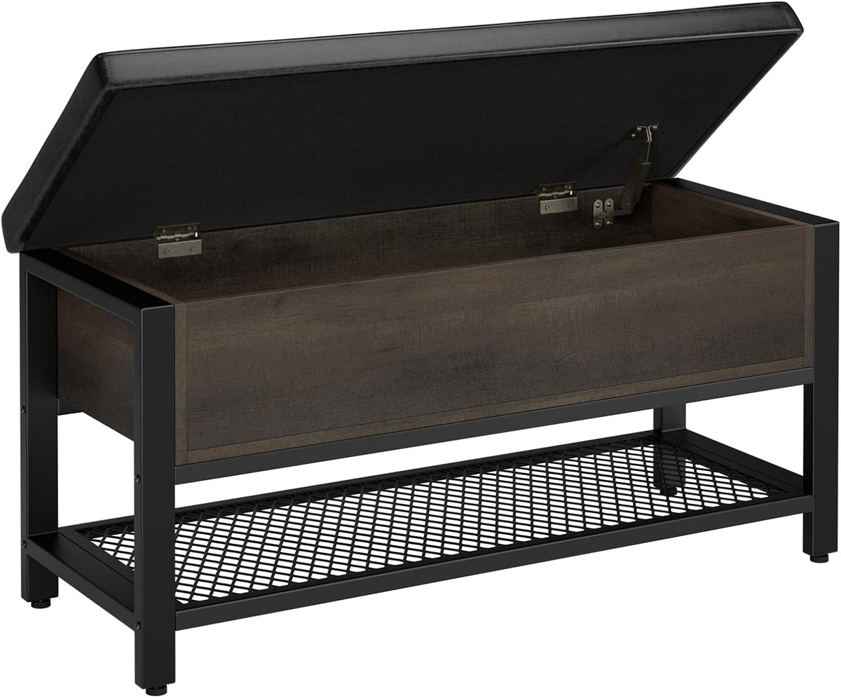 HOSTACK 40" W Storage Bench, Entryway Shoe Bench with Cushion, Dark Brown | Wood Metal Bench with Flip-Open Hidden Storage, Ottoman Bench with Padded Seat & Shoe Rack for Hallway, Bedroom, Living Room
