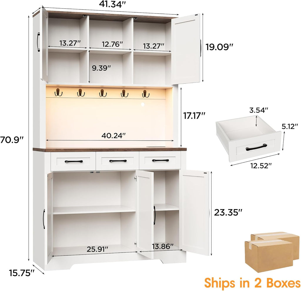 70.9" Tall Kitchen Pantry Cabinet with LED Light & Charging Station, Farmhouse Kitchen Hutch with Large Countertop & 10 Hooks, Kitchen Cabinet Storage with Drawers for Living Room, Dining Room, White