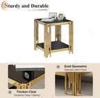 Luxury Gold Glass End Table,Sqaure Sofa Side Table with Shiny Geometric Stainless Steel Base,Black Glass Accent End Table Bedside Table Nightstand for Living Room Bedroom Office