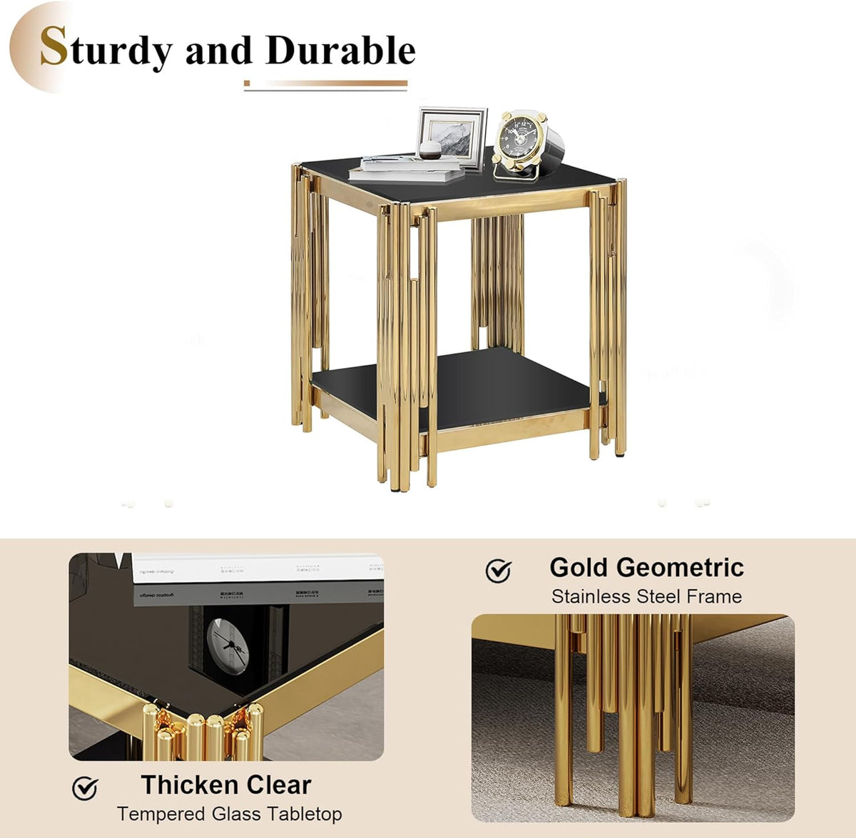 Luxury Gold Glass End Table,Sqaure Sofa Side Table with Shiny Geometric Stainless Steel Base,Black Glass Accent End Table Bedside Table Nightstand for Living Room Bedroom Office