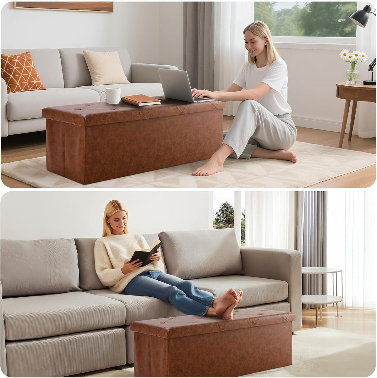 DUMOS 43 Inch Folding Storage Ottoman Bench, Large Ottoman with Storage | Storage Chest with Padded Seat, End of Bed Foot Rest Stool for Bedroom Living Room, Load 660 lbs, Synthetic Leather, Brown
