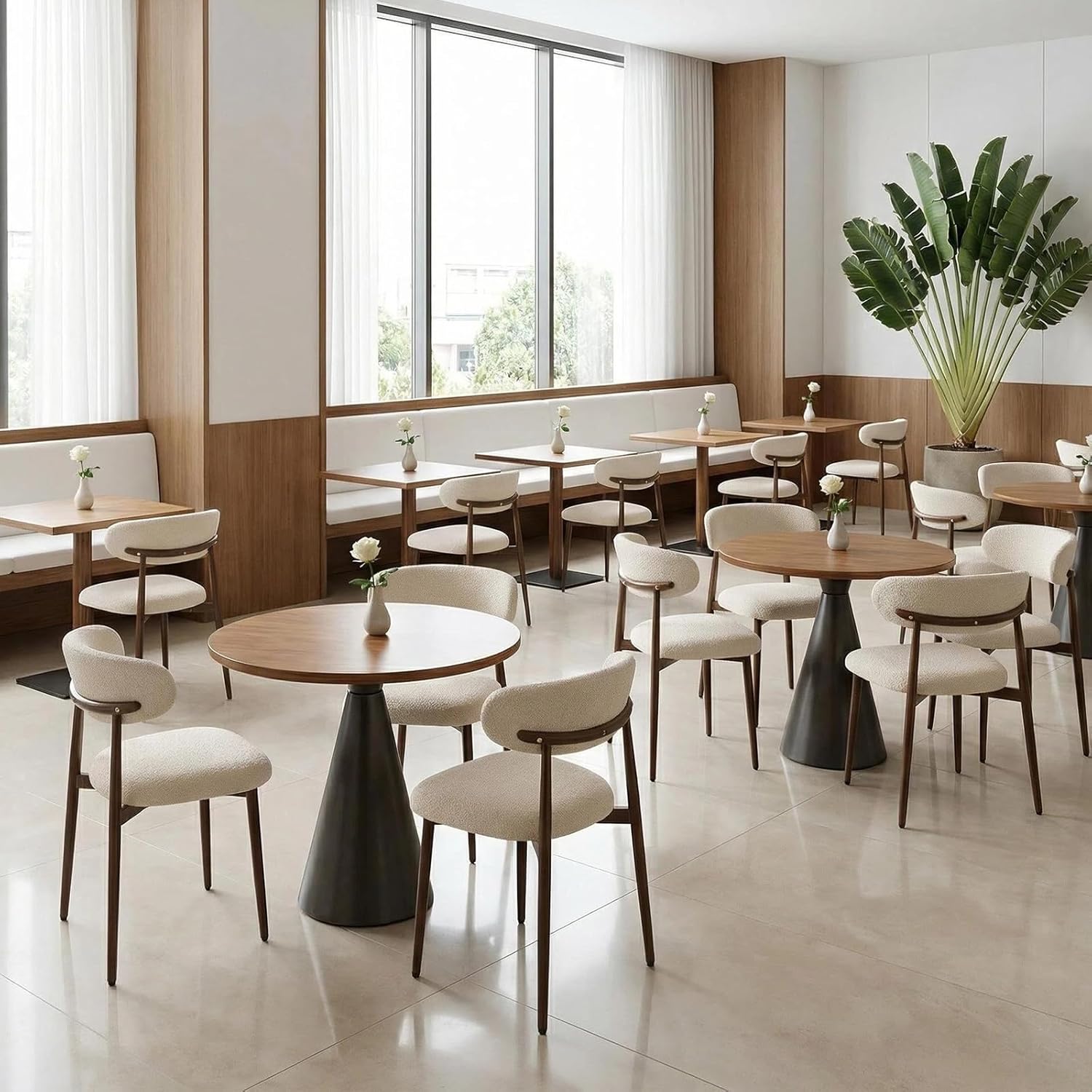 Furniliving Mid Century Modern Dining Chairs Set of 2, 300 lbs Capacity Upholstered Chenille Kitchen Chairs with Walnut Grain Metal Legs and Ergonomic Curved Back, Beige(Walnut/Chenille)