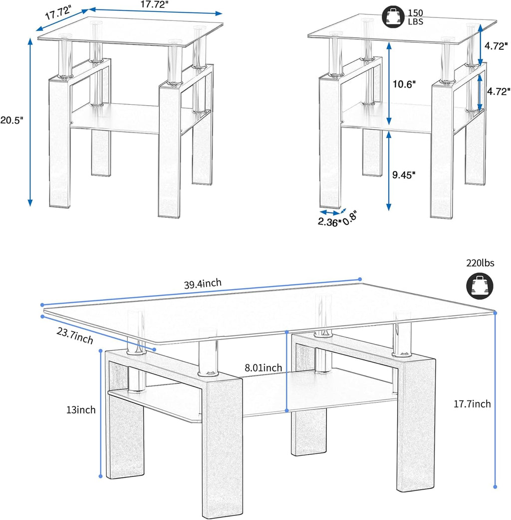 3 Piece Living Room Table Set, Glass Coffee Table and End Table Set of 3, Coffee Table Set with Tempered Glass & Metal Legs for Livingroom Table, Bedroom Nightstand. (Style 1, Black Glass+Black Leg)