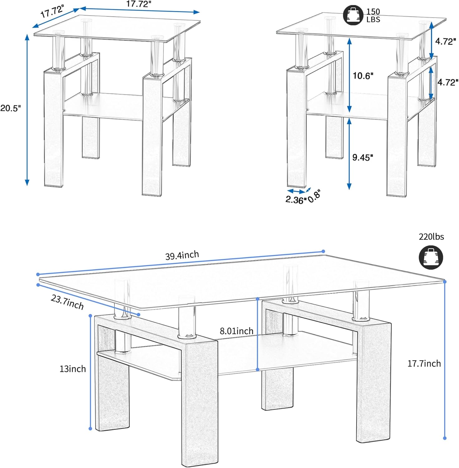 3 Piece Living Room Table Set, Glass Coffee Table and End Table Set of 3, Coffee Table Set with Tempered Glass & Metal Legs for Livingroom Table, Bedroom Nightstand. (Style 1, Black Glass+Black Leg)