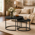 Nesting Coffee Table Set of 2，Black + Black | 27.6'' Industrial Coffee Table Nesting with Metal Frame, Round Coffee Tables for Living Room,Bedroom, Balcony