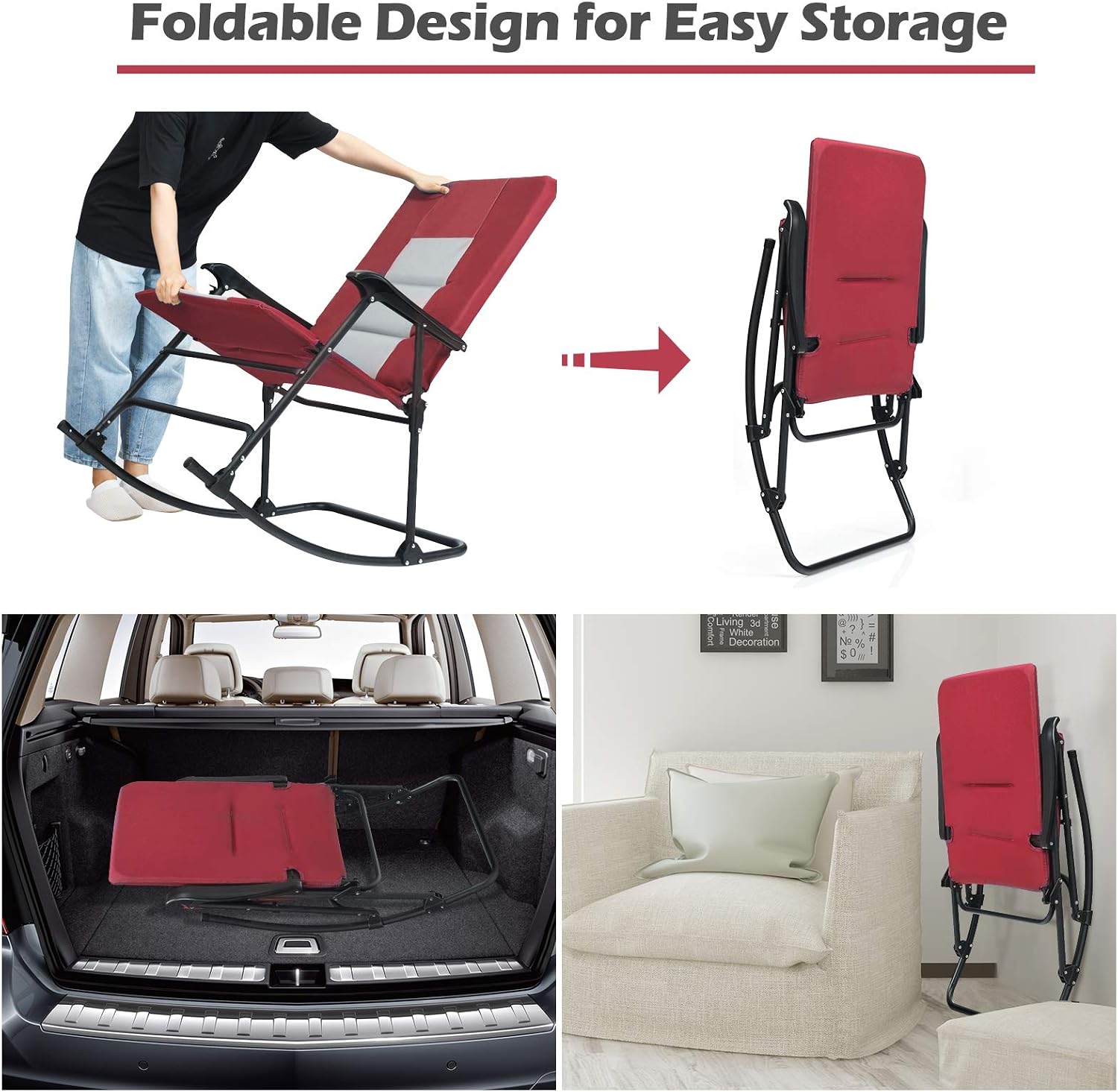 Giantex Camping Rocking Chair Foldable Oversized with Padded Armrest and Seat Folding Lawn Chair 350 lbs Weight Capacity for Outdoor, Patio, Lawn, Backyard, Garden Portable Chair (1, Red)