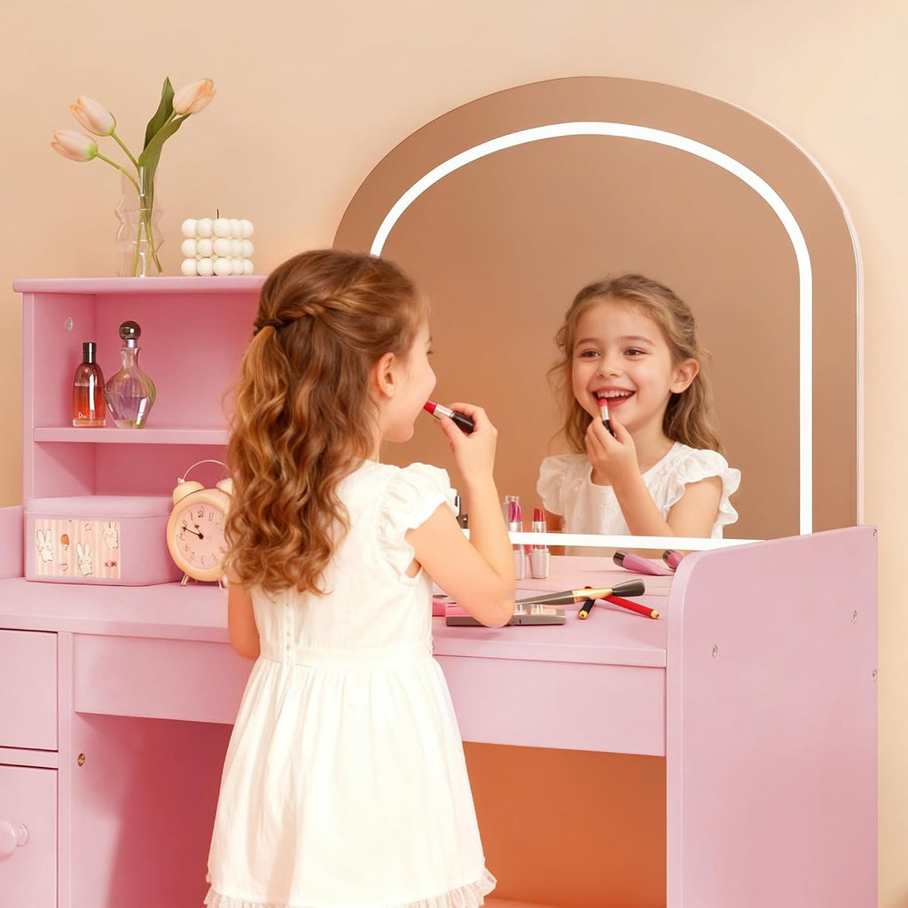 Gizoon Kids Vanity Desk with Mirror and Lights, Pink | Kids Makeup Vanity with 2 Tier Open Shelves Drawer and Cabinet, Todder Vanity Table and Chair Set for Little Girl