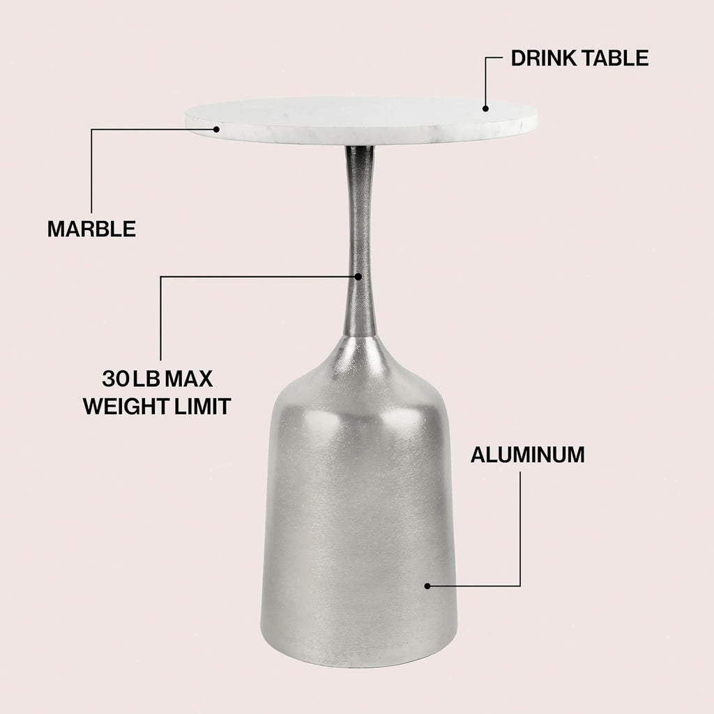 Eyely DNE4002A Noa 20.25" Classic Designer Metal Drink Table and Decorative End Table w/White Marble Round Top and Bell Pedestal Base for Living Room, Bedroom, Antique Nickel