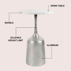 Eyely DNE4002A Noa 20.25" Classic Designer Metal Drink Table and Decorative End Table w/White Marble Round Top and Bell Pedestal Base for Living Room, Bedroom, Antique Nickel