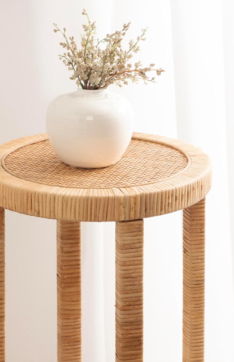 Kate and Laurel Rafina Round Rattan Drink Table, 13 x 13 x 28, Natural Brown, Transitional Boho Circle Wooden Accent Pedestal Table for Indoor Plant Stand or Living Room Decor Accent