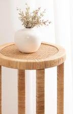 Kate and Laurel Rafina Round Rattan Drink Table, 13 x 13 x 28, Natural Brown, Transitional Boho Circle Wooden Accent Pedestal Table for Indoor Plant Stand or Living Room Decor Accent