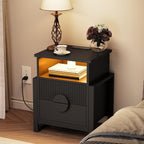 LGHM Set of 2 Fluted Nightstand with Charger Station Strip Lights, 20.47" W Night Stand with 2 Drawers, Large Accent Bed Side Table and End Table, Large Open Cubby, Raising H Legs,Black