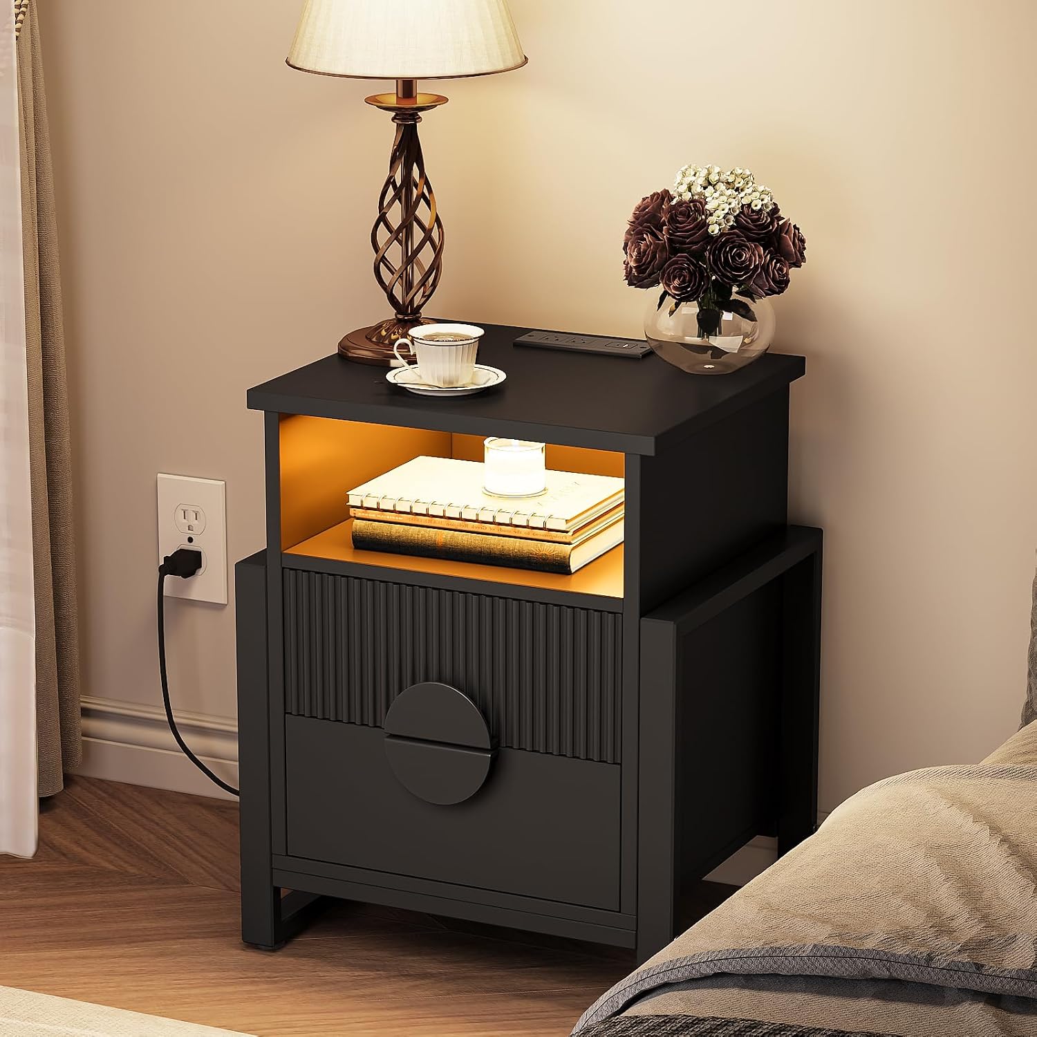 LGHM Set of 2 Fluted Nightstand with Charger Station Strip Lights, 20.47" W Night Stand with 2 Drawers, Large Accent Bed Side Table and End Table, Large Open Cubby, Raising H Legs,Black