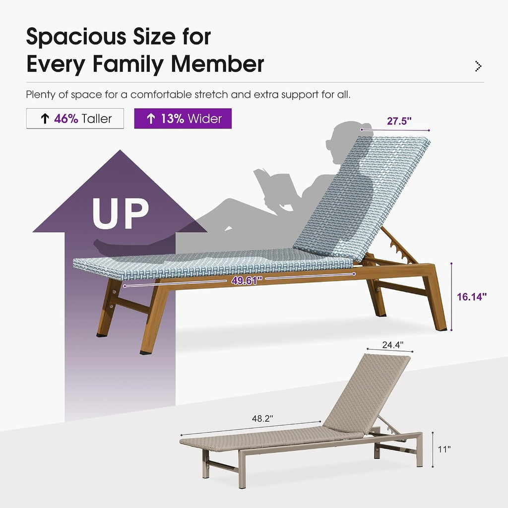 PURPLE LEAF Chaise Lounge Chair Wood Grain Aluminum Set of 2, Pale Blue | 3-Year Color Retention PE Rattan, 2.4" Thickened Aluminum Frame, 16.14" Knee-Friendly Height, French-Inspired Style