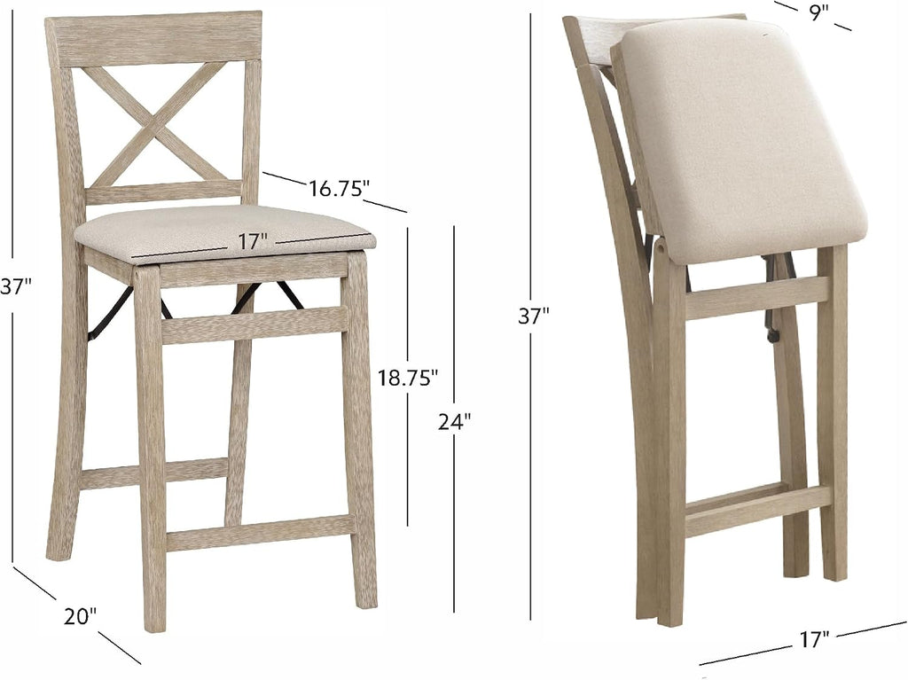 Linon Triena X Back Neutral Greywash Wooden Fully Assembled Folding 24 Inch Seat Height Counter Stool with Beige Upholstered Seat