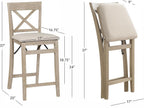 Linon Triena X Back Neutral Greywash Wooden Fully Assembled Folding 24 Inch Seat Height Counter Stool with Beige Upholstered Seat
